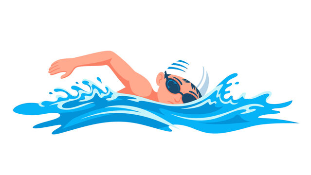 Swimmer in action with goggles and cap in blue water.