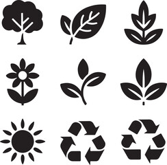 Nature icons, leaf foliage, recycling symbol, sun weather, flower bloom, eco friendly
