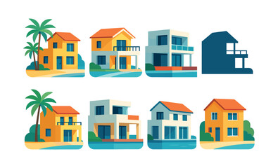 Modern house collection, palm trees, architecture, flat vector illustration