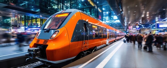The train at a modern station glides past blurred commuters under glowing lights