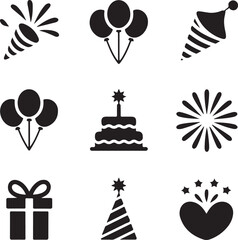 Party icons, birthday celebration, fireworks sparkler, confetti popper, balloon decoration, cake candle