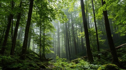 Lush Green Forest with Sunlight Filtering Through Foggy Trees