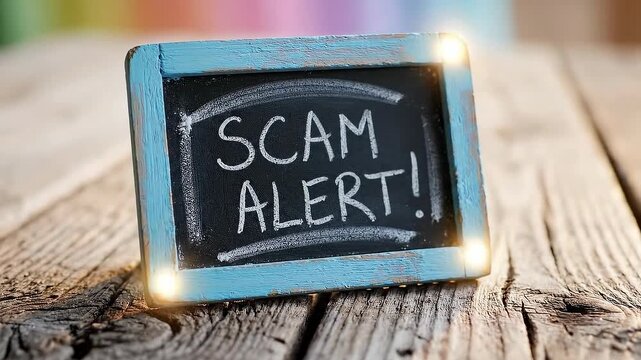 Scam Alert Sign on Wooden Table - Warning Against Fraudulent Activities.