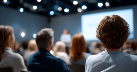 Audience attending a conference or seminar in a modern auditorium with a speaker presenting on stage and a large screen in the background