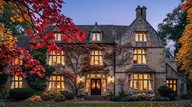 Exterior of a historic stone house with warm window light surrounded by autumn foliage