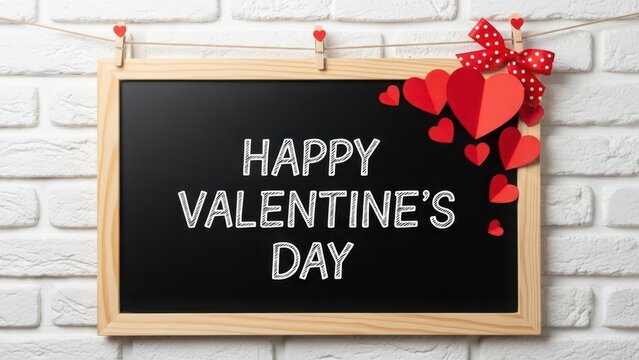Chalkboard with Happy Valentines Day message and red hearts love