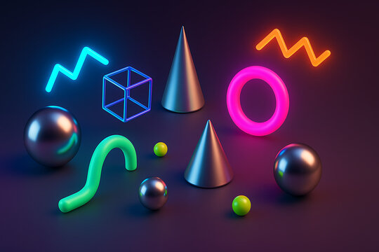 Geometric shapes with neon lights on a dark background creating a modern abstract composition