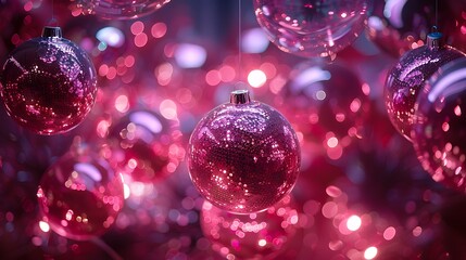 Sparkling pink and purple christmas ornaments with bokeh lights