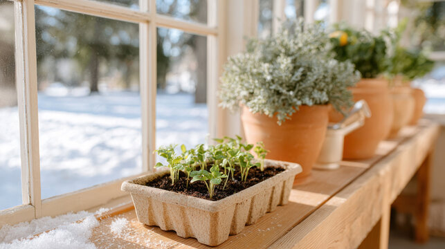 Young plants sprouting in a biodegradable tray on a sunny windowsill surrounded by terracotta pots with greenery during winter.
