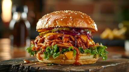 Juicy pulled pork burger with melted cheese and fresh lettuce