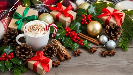 Festive Christmas arrangement with gifts, ornaments, and a cup of hot chocolate.