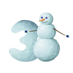 Drawn snowy bold sign, winter number in kids style. Snowman and number 3