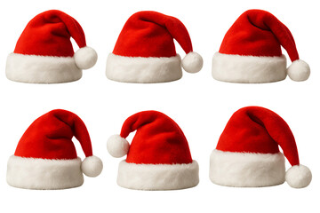 Png set of santa hats with white fur trim isolated on transparent background. concept of festive accessories, holiday decor, christmas celebration, winter clothing illustration.