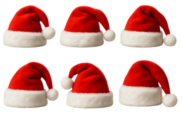Png set of santa hats with white fur trim isolated on transparent background. concept of festive accessories, holiday decor, christmas celebration, winter clothing illustration.