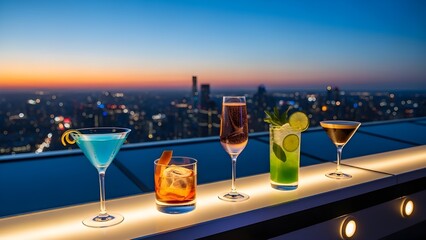 A variety of colorful cocktails on an illuminated rooftop bar overlooking a city skyline at sunset.