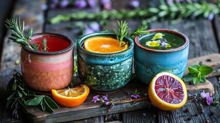 Three colorful refreshing drinks with fresh fruit and herbs