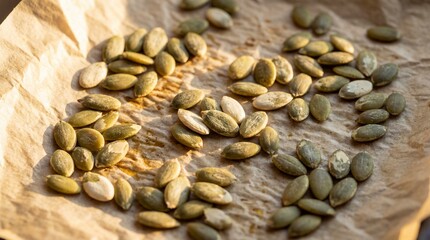 Obraz premium Macro Pumpkin Seeds on Brown Paper in Warm Light