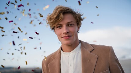 A startup founder celebrating the first user milestone, confetti flying as real-time analytics dashboards spike upward — digital growth momentum, community building, and early traction excitement.