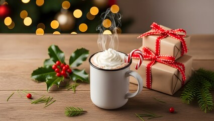 Steaming hot chocolate with whipped cream and candy cane, surrounded by Christmas gifts and holly on a wooden table.