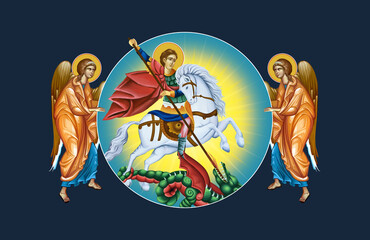 Obraz premium Saint George. Religious Christian illustration with angels in Byzantine style on deep blue background