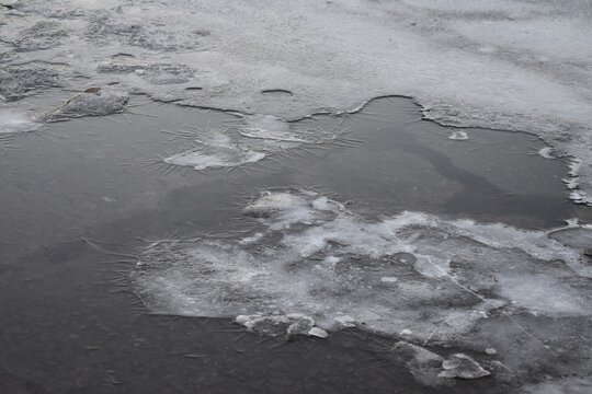 broken ice on the river in the winter, closeup of photo