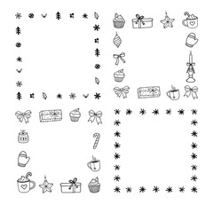 Square christmas frames set, vector Christmas frames with doodles