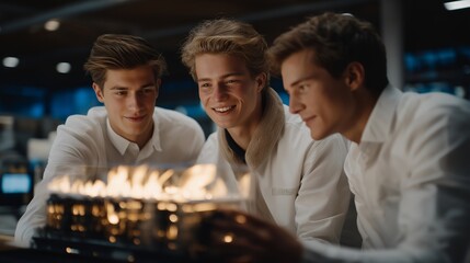 A startup team presenting a prototype biofuel-powered generator, transparent casing revealing clean-burning flames and efficient fuel flow — alternative energy entrepreneurship, low-carbon