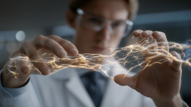 A cosmetic scientist examining a glowing collagen fiber model on a holographic screen, intertwining strands floating in 3D as they study skin elasticity and anti-aging innovation — molecular
