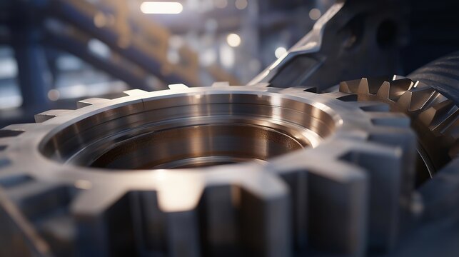 A close-up of interlocking metal gears rotating smoothly inside a transparent casing, warm workshop lighting highlighting precision engineering and synchronized mechanical motion — industrial