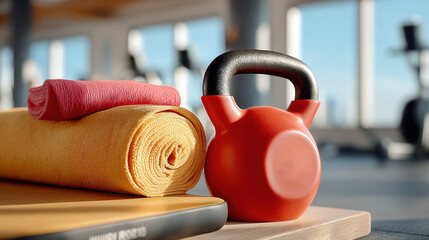 Rehabilitation exercise equipment with kettlebell and balance board in a fitness center