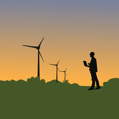 Green energy is harnessed by a wind turbine silhouette of engineer standing tall in the nature of a farm field against the blue sky at sunset vector illustration.