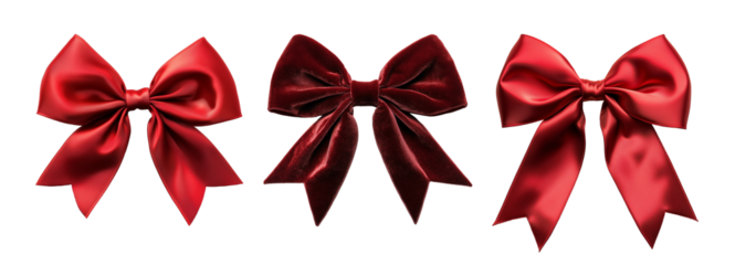 Red ribbon bow isolated set on empty transparent background. Christmas holiday, birthday, valentine day, 14 February gift decoration. New Year and Merry Christmas elements.
