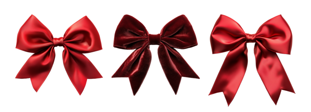 Red ribbon bow isolated set on empty transparent background. Christmas holiday, birthday, valentine day, 14 February gift decoration. New Year and Merry Christmas elements.