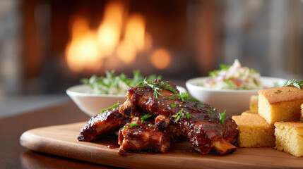 Barbecue ribs on a wooden cutting board with corn bread greens and coleslaw in front of a warm inviting fireplace