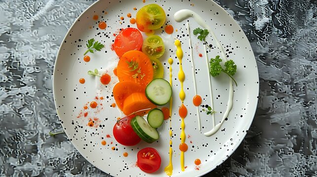 Artfully arranged sliced tomatoes and cucumbers with drizzle