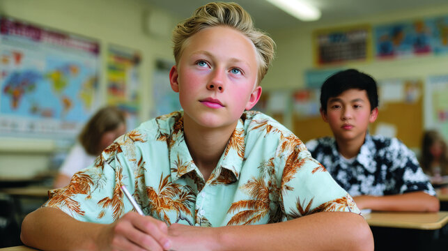 Engaged students focusing on classroom activities in a bright learning environment with colorful educational posters visible on the walls