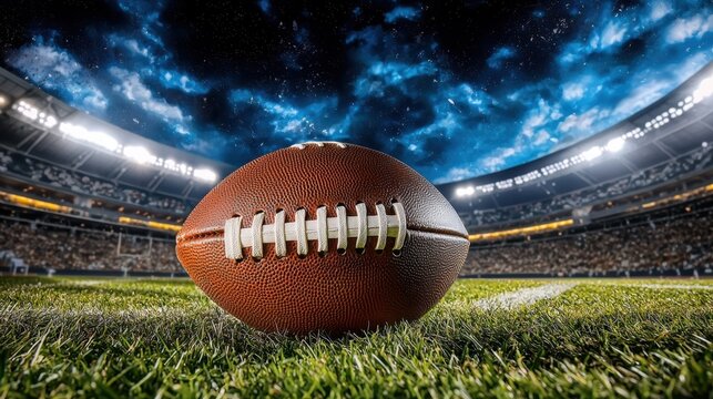 Football on Field with Night Sky and Stadium Lights in Background