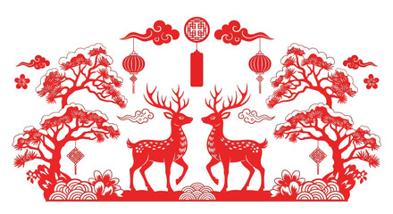 Elegant red deer amidst festive lanterns and clouds, a vibrant tribute to Lunar New Year celebrations and cultural richness, perfect for holiday designs