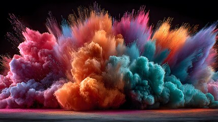 Fototapeta premium Explosion of colorful powder dust with pink blue and green clouds for Holi festival concept on black background showing dynamic motion shot.