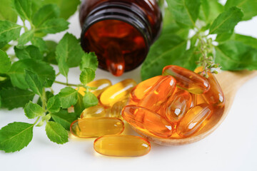 Alternative medicine herbal organic capsule with vitamin E omega 3 fish oil, mineral, drug with...