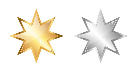 Gold and silver eight pointed star. Vector clipart. PNG and transparent background.