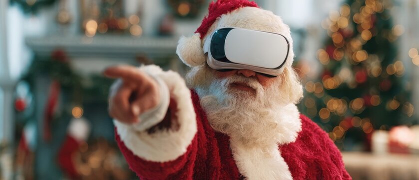 The Santa Claus Wearing Virtual Reality Headset Reaching Forward in Festive Living Room