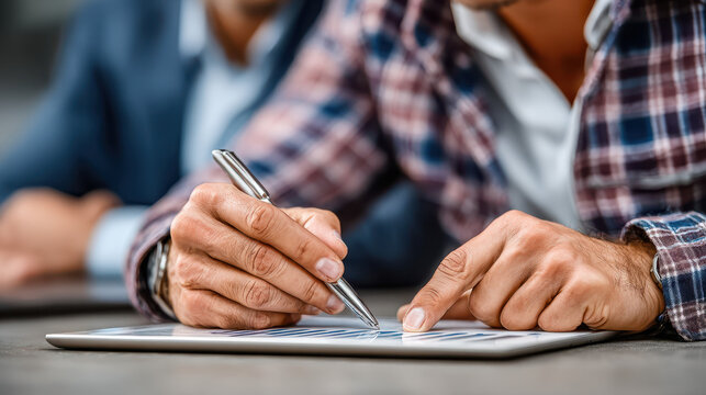 Concentrated businessmen in a modern office reviewing risk management strategies on a digital tablet