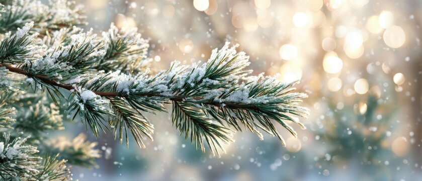 The pine branch dusted with snow against a soft bokeh winter background - Powered by Adobe