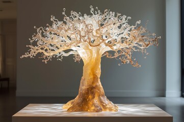 Exquisite handcrafted glass sculpture of a luminous tree with intricate branches and a textured trunk displayed indoors