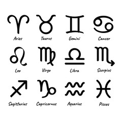 
An illustration depicting a set of black zodiac sign icons on a white background