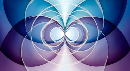 Futuristic abstract design featuring overlapping circles and symmetrical blue-purple gradients with a modern geometric aesthetic