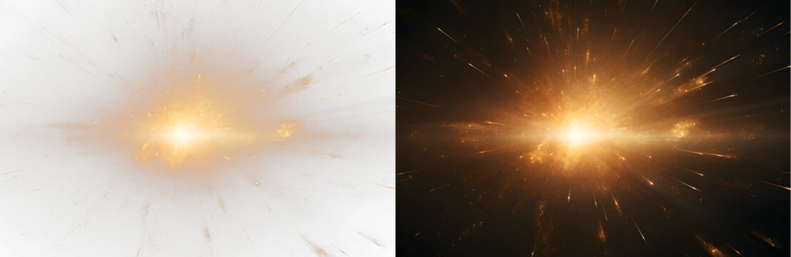 starburst light effect isolated PNG overlay with explosive glow and spark elements. Light flare with radiant starburst and golden sunlight overlay. Cinematic