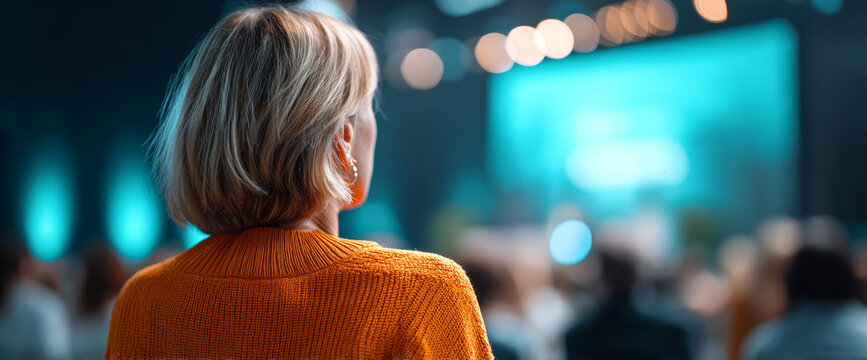 Rear view of a woman with short blonde hair wearing an orange sweater attending a conference or seminar with blurred audience and stage lights in the background