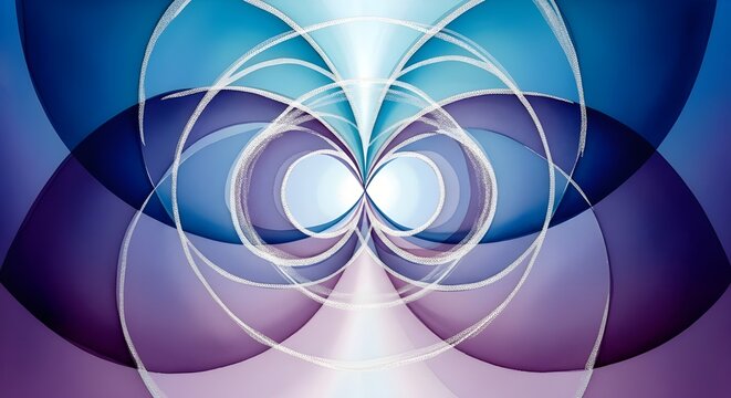 Futuristic abstract design featuring overlapping circles and symmetrical blue-purple gradients with a modern geometric aesthetic